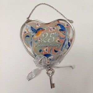 Vintage AMIA 25th Anniversary Stained Glass Sun Catcher Birds Hearts Silver Key